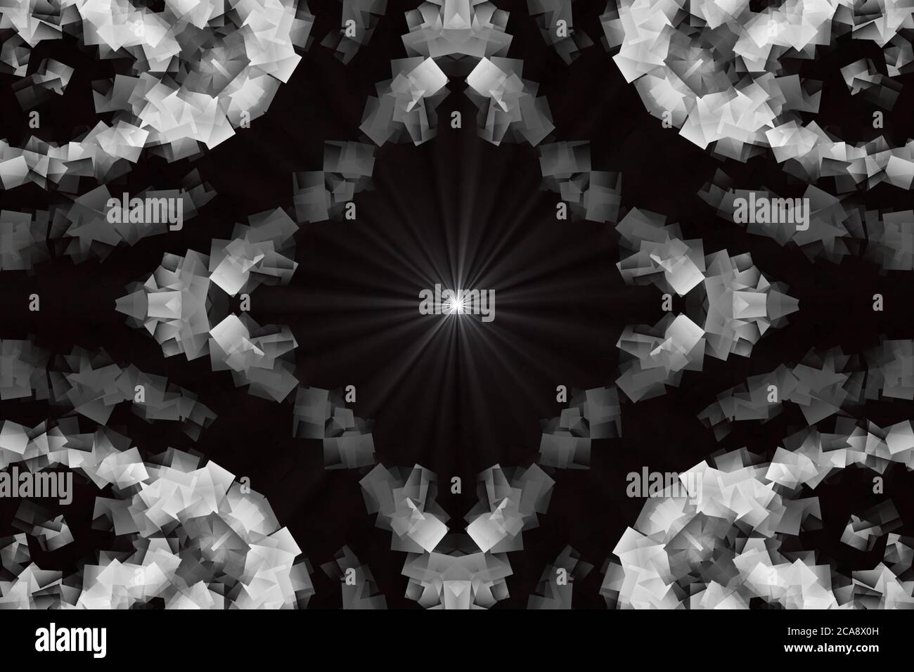 Supernova bianca e nera Abstract computer generato Fractal design. I frattali sono modelli infinitamente complessi che sono auto-simili tra diversi Foto Stock