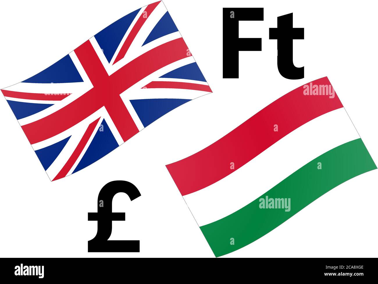 GBPHUF immagine vettoriale coppia di valute forex. Bandiera del Regno Unito e dell'Ungheria, con simbolo di sterlina e Forint. Illustrazione Vettoriale