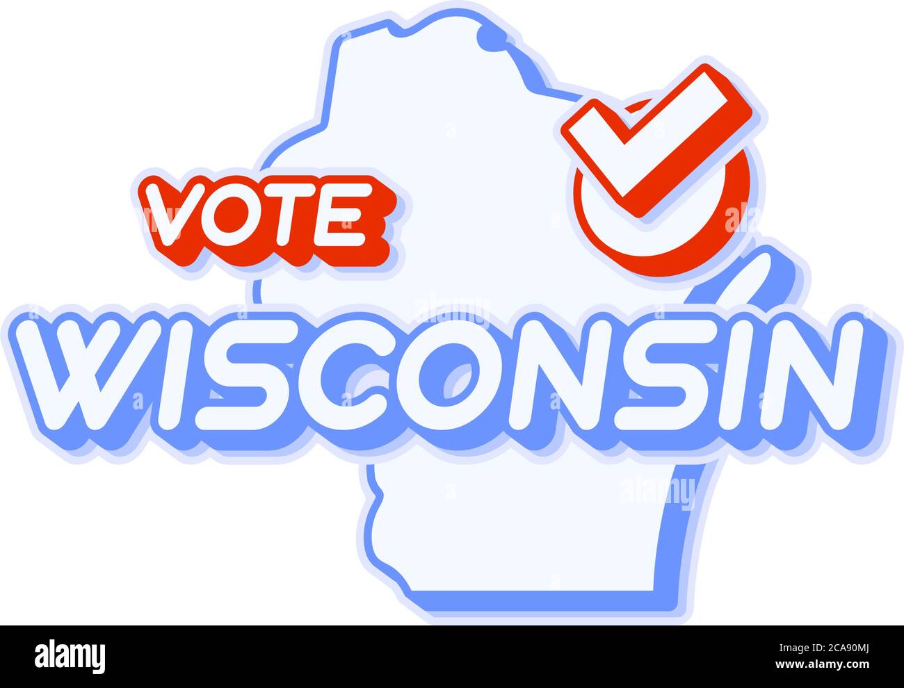 Voto presidenziale in Wisconsin USA 2020 illustrazione vettoriale. Mappa dello stato con testo da votare e segno di spunta rosso o segno di spunta a scelta. Adesivo isolato su a w Illustrazione Vettoriale