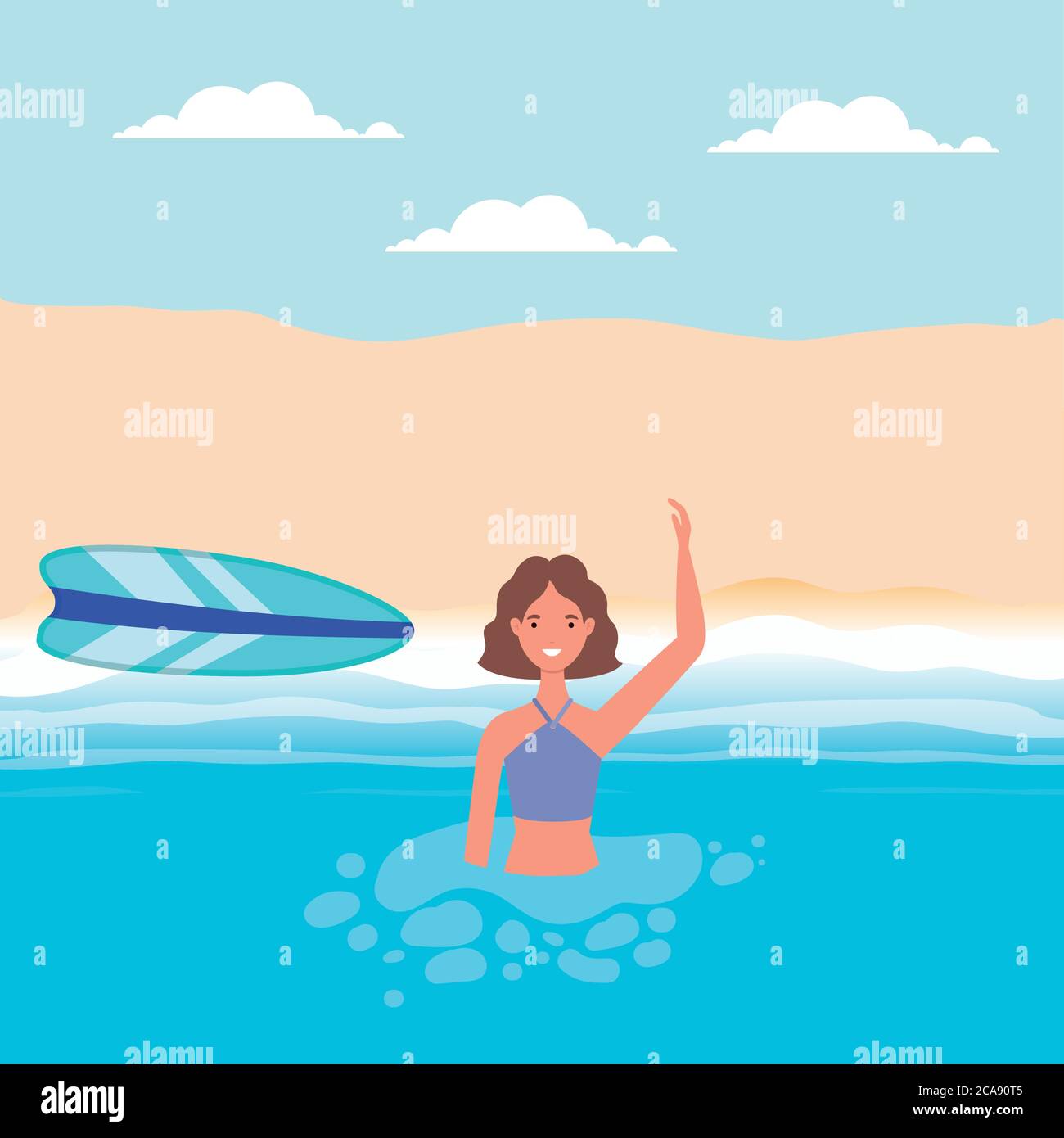 Ragazza cartone animato con costume da bagno in mare di fronte al design  della spiaggia, estate vacanza tropicale e relax tema illustrazione  vettoriale Immagine e Vettoriale - Alamy