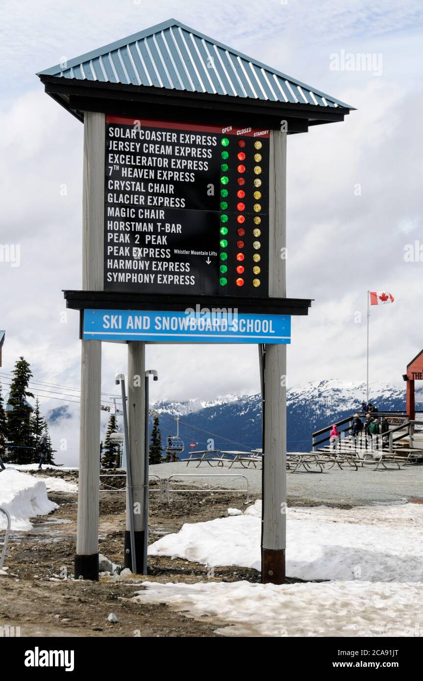 Un cartello con la lista delle scuole di sci e snowboard presso il terminal della funivia di Blackcomb sopra la stazione sciistica di Whistler nella British Columbia, Canada. Foto Stock