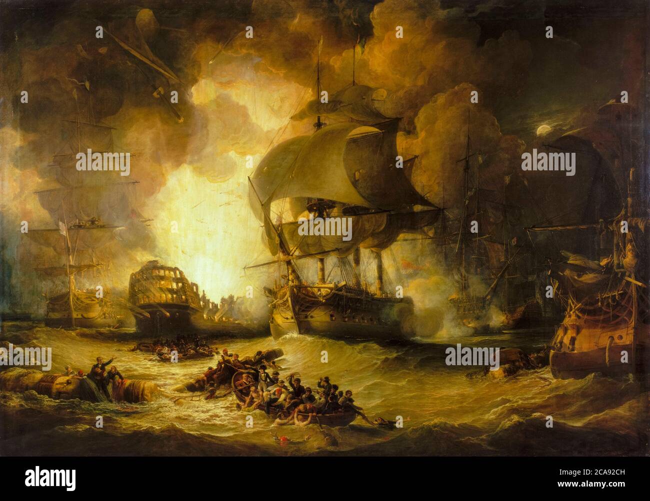 La Battaglia del Nilo, distruzione di 'l'Orient', 1 agosto 1798, dipinto di George Arnald, 1825-1827 Foto Stock