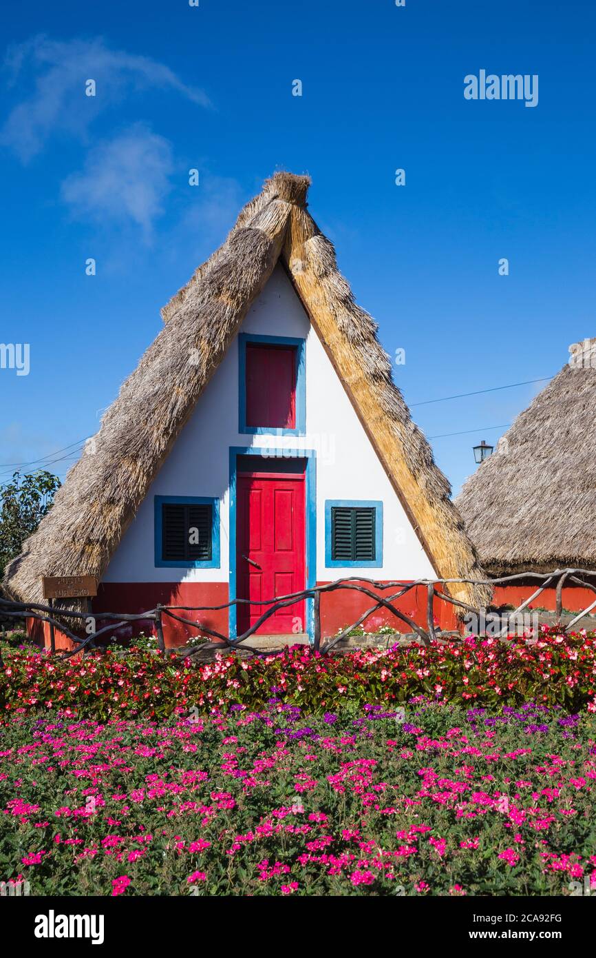 Case tradizionali con ripidi tetti in paglia a forma triangolare, Santana, Madeira, Portogallo, Atlantico, Europa Foto Stock