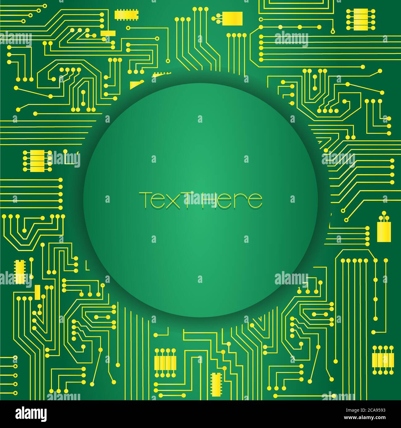 Sfondo verde con circuito elettronico giallo. Cerchio al centro con spazio per la copia. Illustrazione Vettoriale