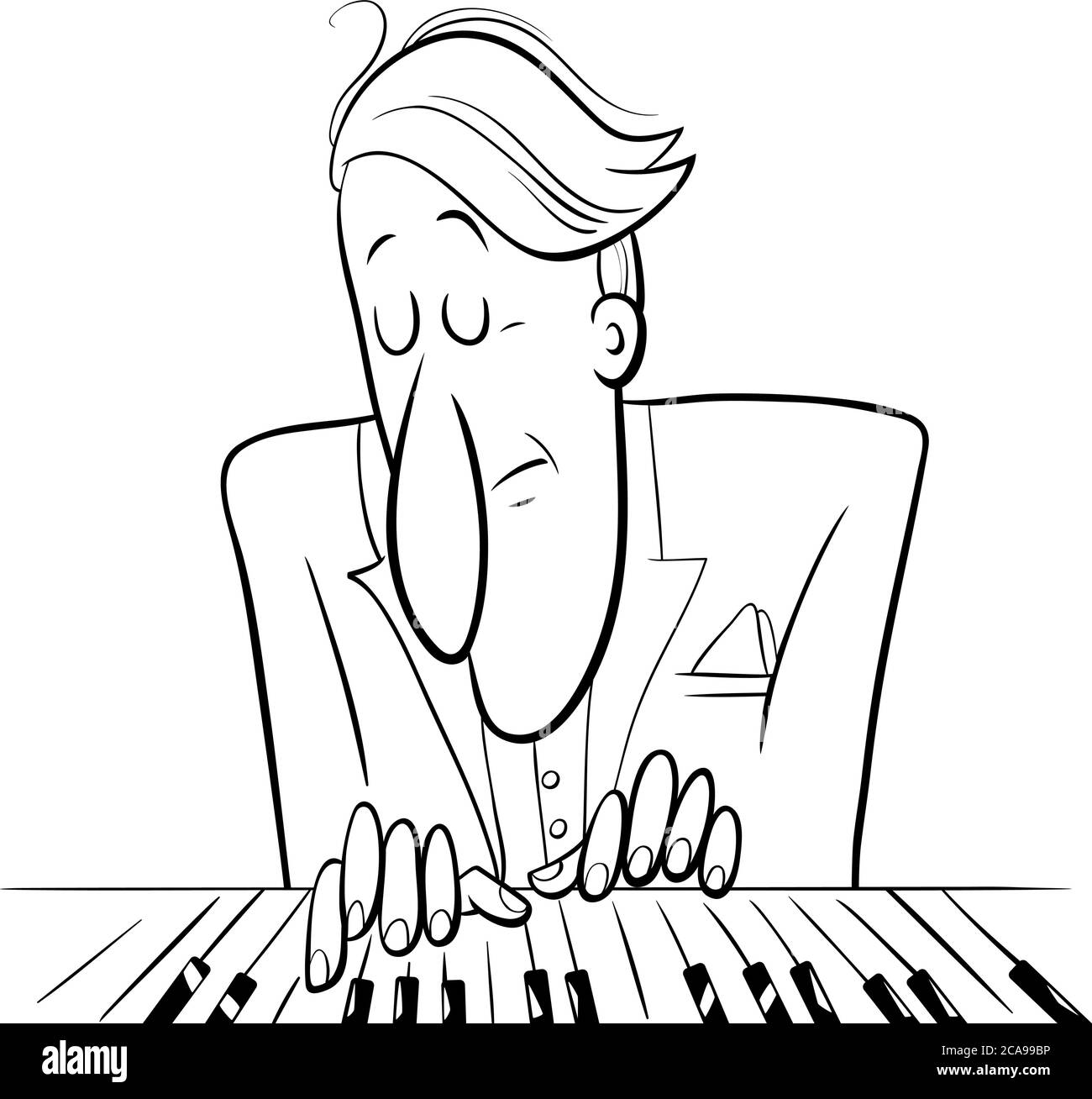 Cartoon bianco e nero illustrazione del pianista musiciano che gioca la pagina del libro da colorare del piano Illustrazione Vettoriale