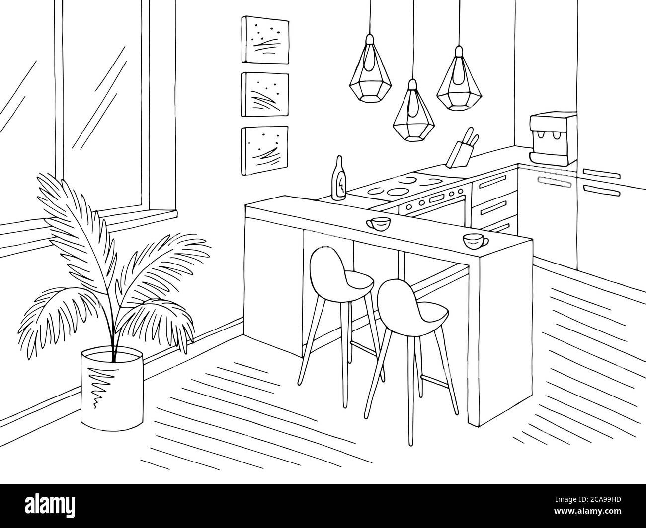 Grafico interno bianco nero grafico sala da cucina illustrazione vettore Illustrazione Vettoriale