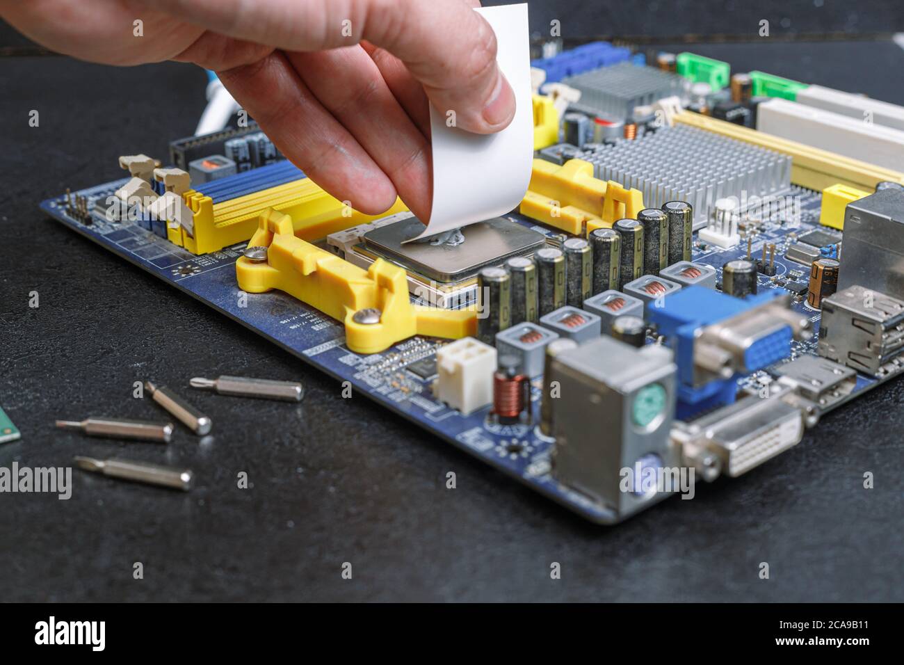 la scheda madre del computer cospargere il grasso termico sulla tavola di riparazione Foto Stock