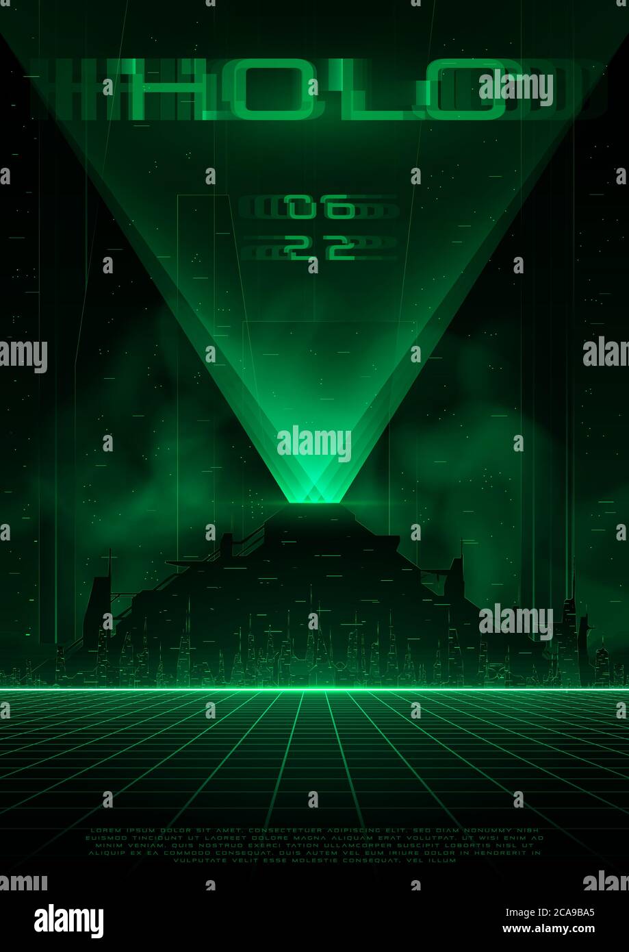 Poster futuristico cyberpunk con grattacieli notturni con grande ologramma. Modello sci-fi Synthwave per eventi musicali. Design per volantino, copertina, web Illustrazione Vettoriale