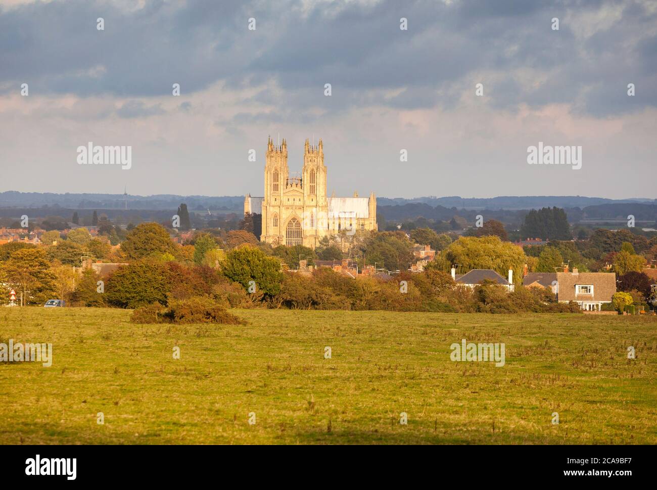 Vista autunnale attraverso il Westwood, una storica zona di pascolo comune verso Beverley Minster nello Yorkshire orientale Foto Stock