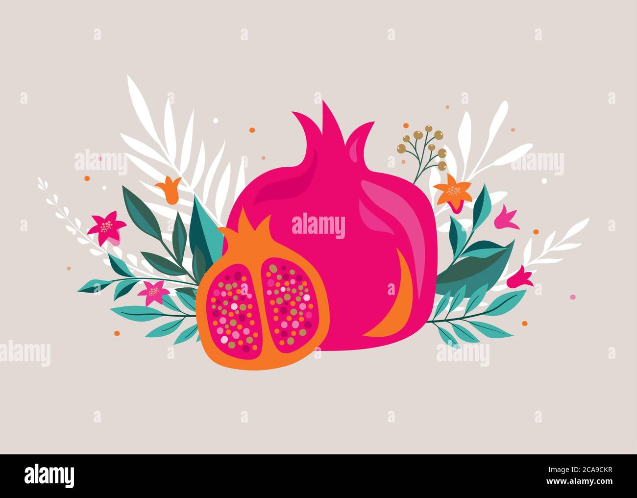 Rosh Hashana, biglietto d'auguri per il Capodanno ebraico con melograno, mela e fiori. Illustrazione vettoriale Illustrazione Vettoriale