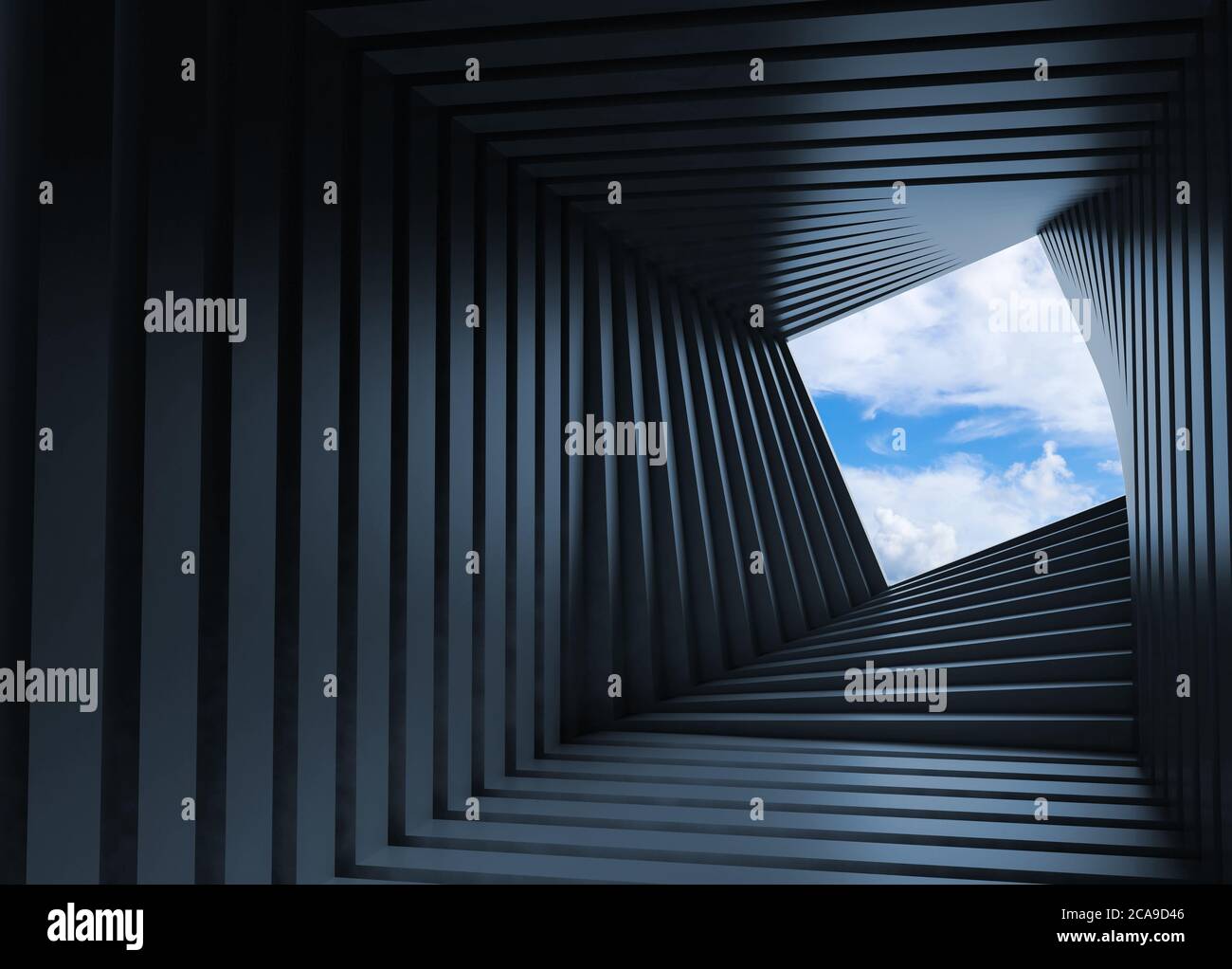 Sfondo astratto del tunnel scuro, interno ritorto con cielo blu oltre la finestra quadrata alla fine. Illustrazione del rendering 3d Foto Stock Sfondo astratto del tunnel scuro, interno ritorto con cielo blu oltre la finestra quadrata alla fine. Illustrazione del rendering 3d Foto Stock