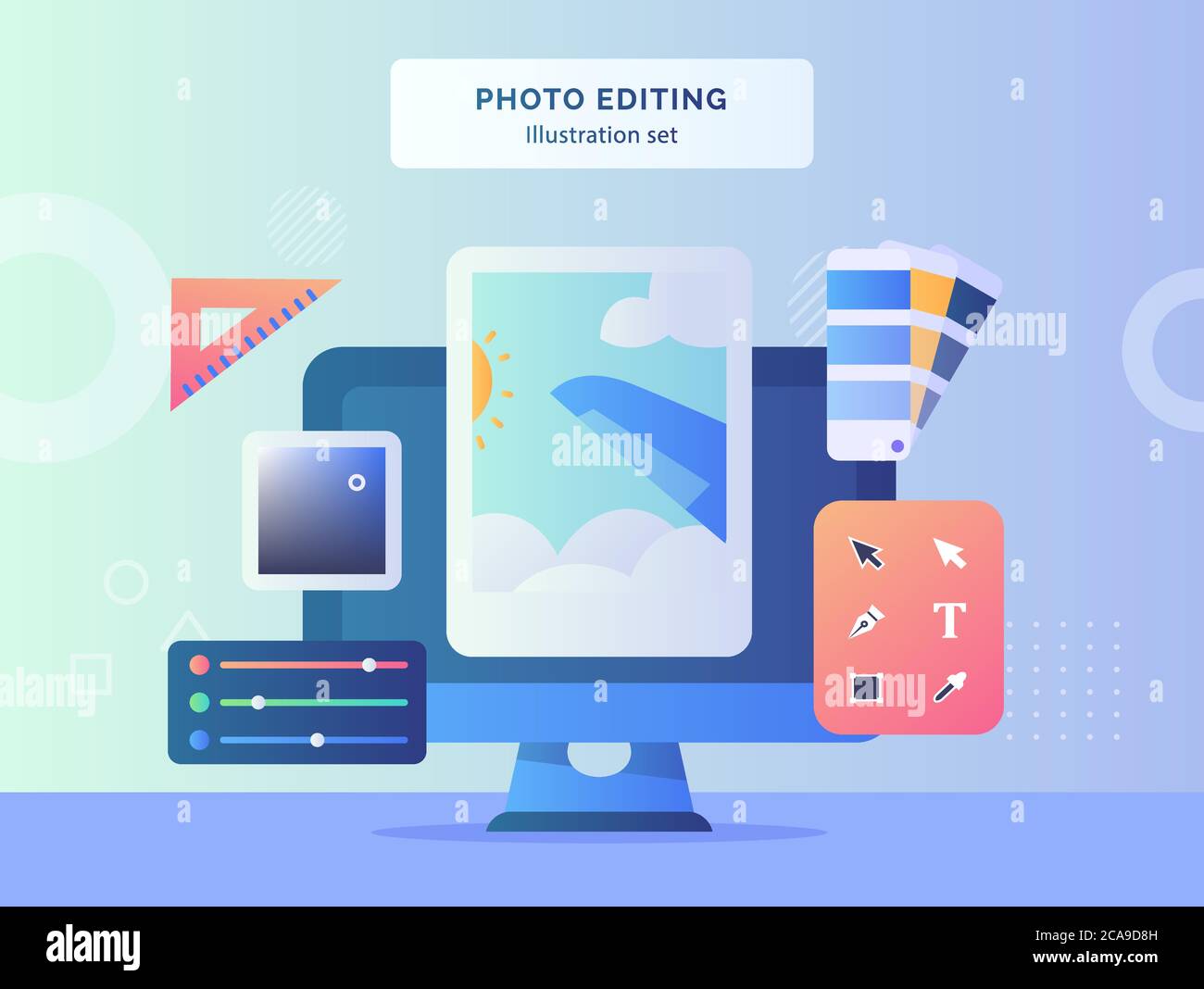Foto editing illustrazione Imposta immagine su display monitor computer sfondo del righello colore testo pallet strumento di selezione diretta con stile piatto . Illustrazione Vettoriale