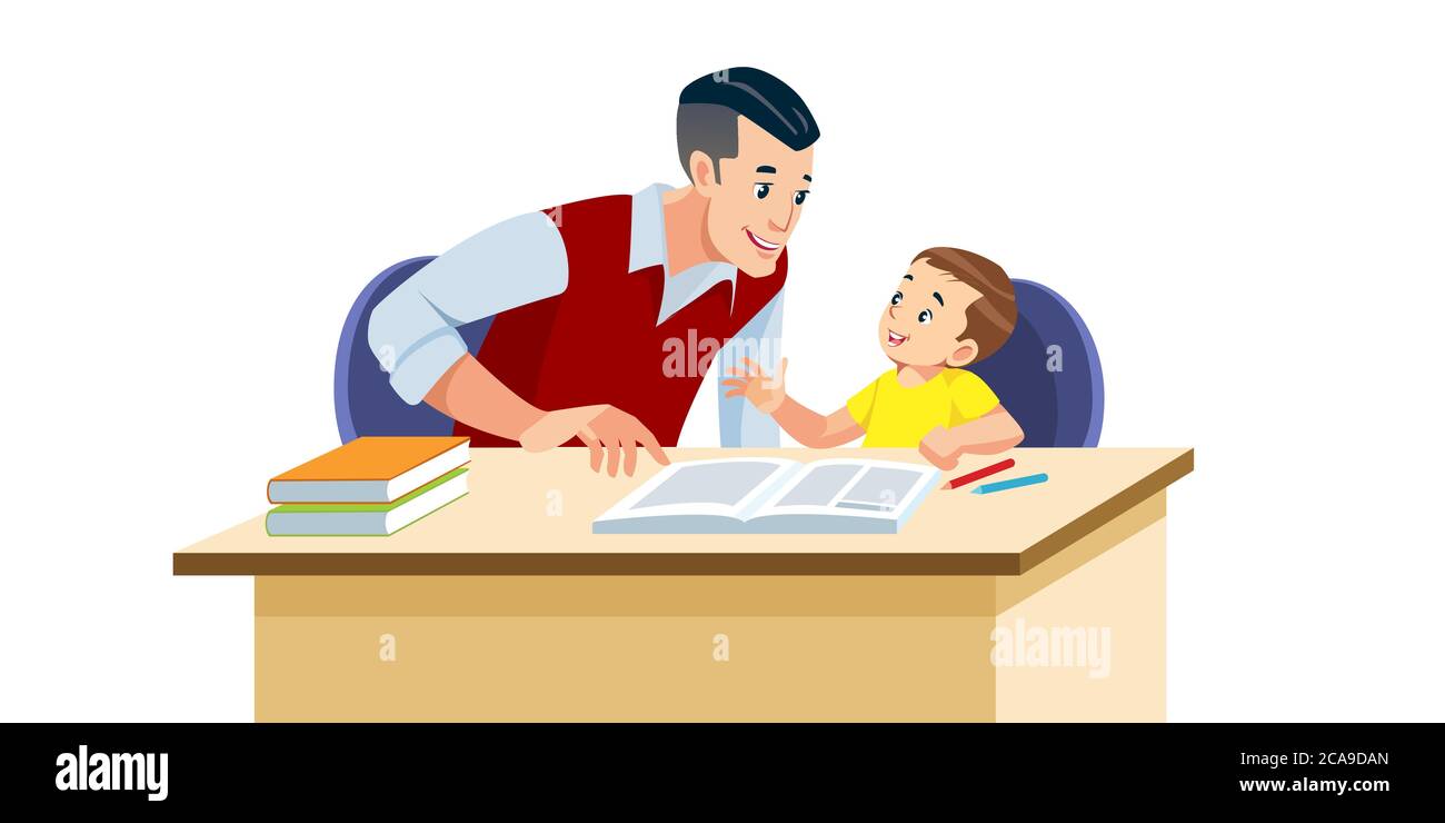 Padre aiuta suo figlio a fare i compiti a scuola. Egli suggerisce come farlo nel modo giusto. Sono di buon umore. Miglior papà aiutare il bambino a studiare. Vettore isolato Illustrazione Vettoriale