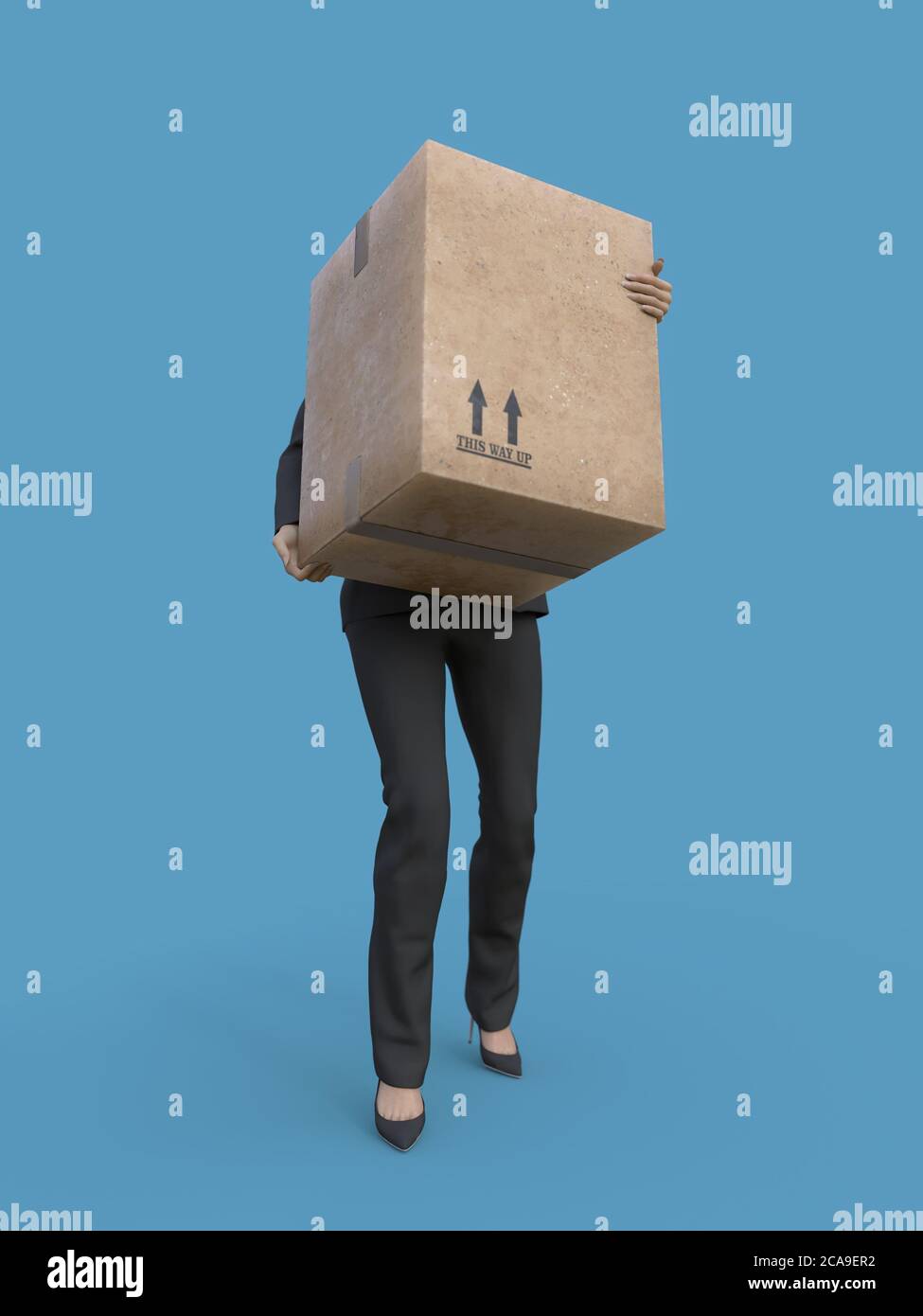 la donna di affari trasporta una scatola grande pesante del cartone Foto Stock