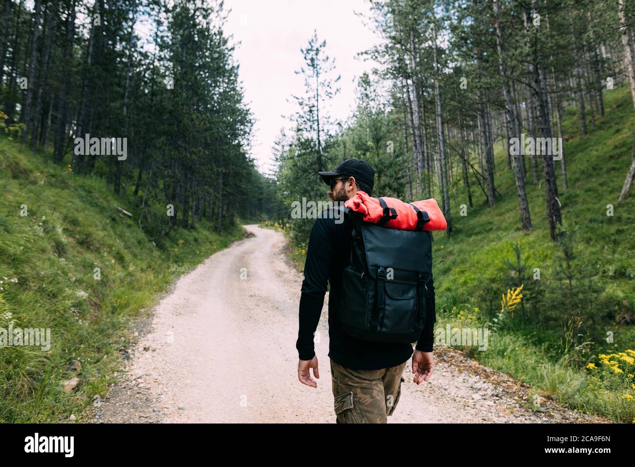 Giovane uomo natura esploratore a piedi sulla strada sterrata attraverso la foresta Foto Stock