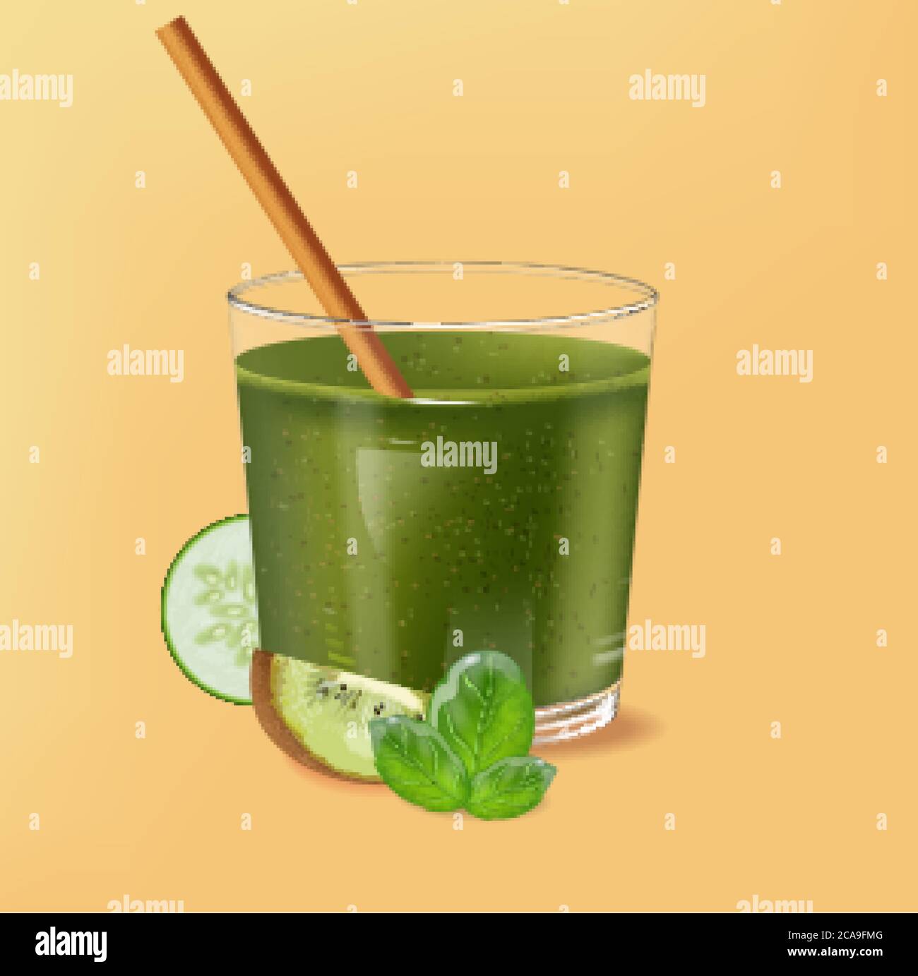Vetro vecchio stile con paglia di bambù. Frullato verde di spinaci con decorazioni in kiwi, cetrioli e lime. Vettore Illustrazione Vettoriale
