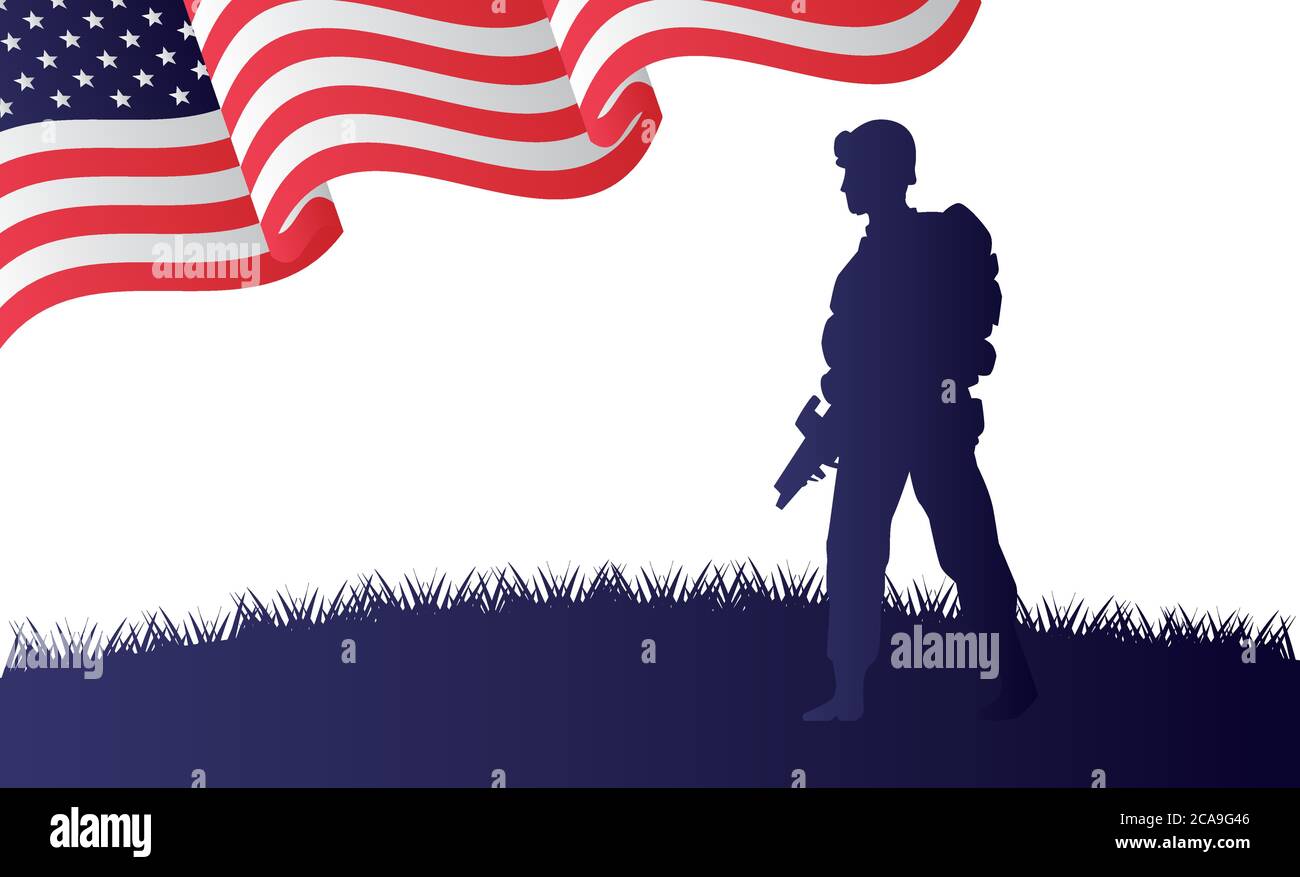 soldato con figura fucile silhouette in usa bandiera sfondo disegno vettoriale illustrazione Illustrazione Vettoriale