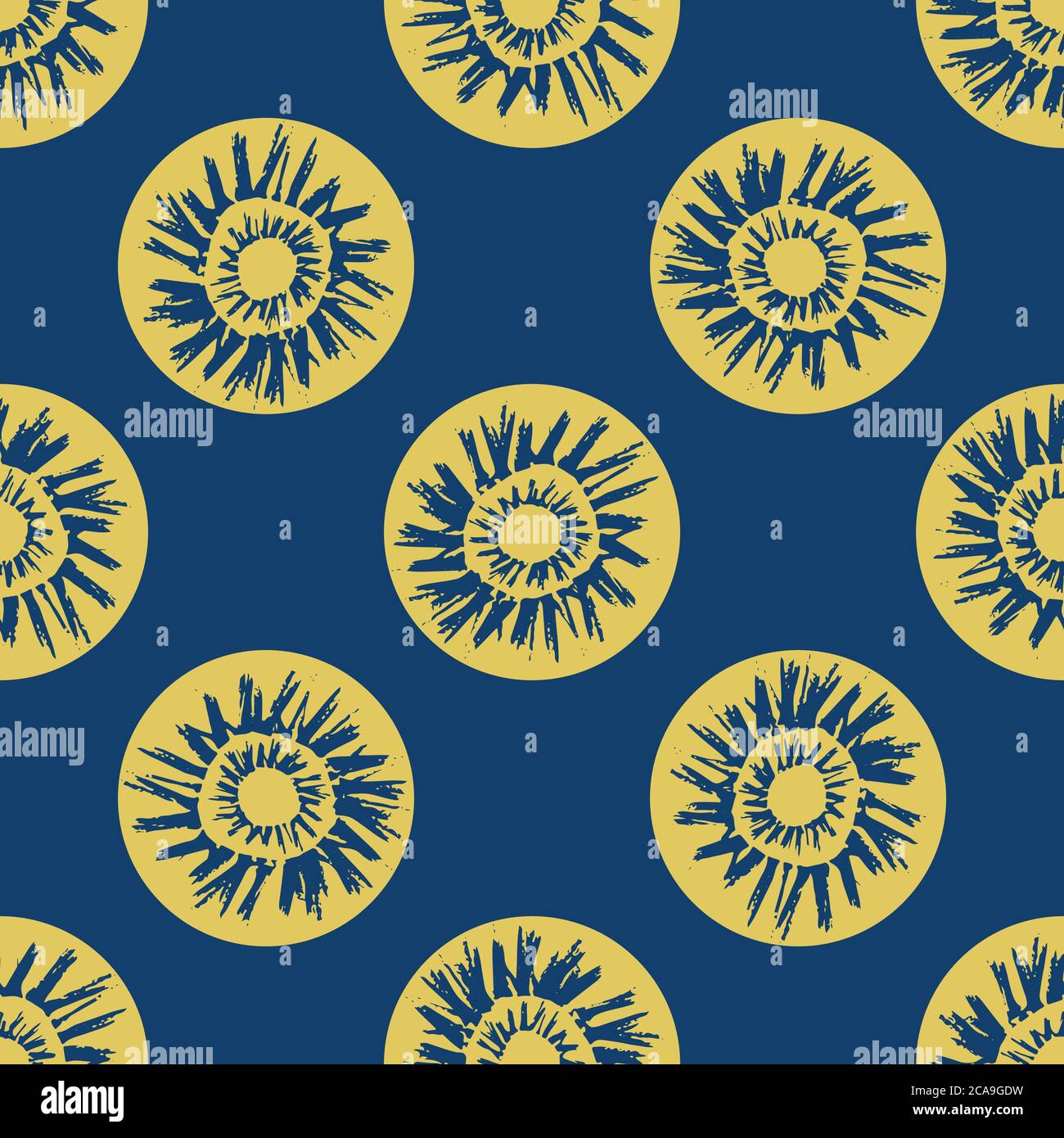 Motivi etnici e tribali vettoriali sfondo senza giunture. Cerchi di colore giallo con il simbolo del sole in stile grunge su sfondo blu. Spazzola disegnata a mano Illustrazione Vettoriale