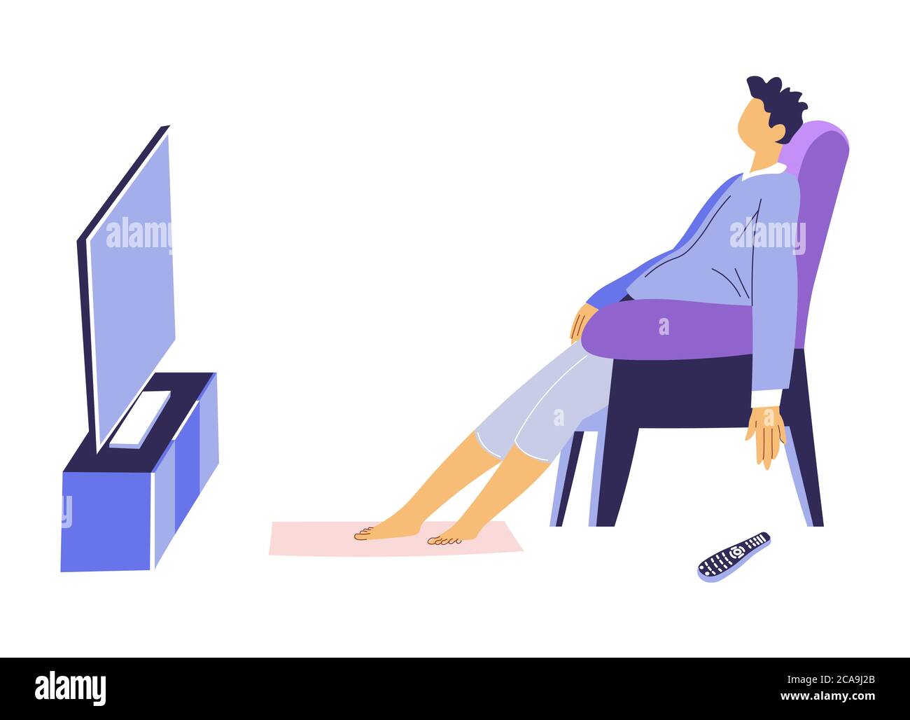 Uomo che guarda la televisione seduto in poltrona, fine settimana a casa Illustrazione Vettoriale
