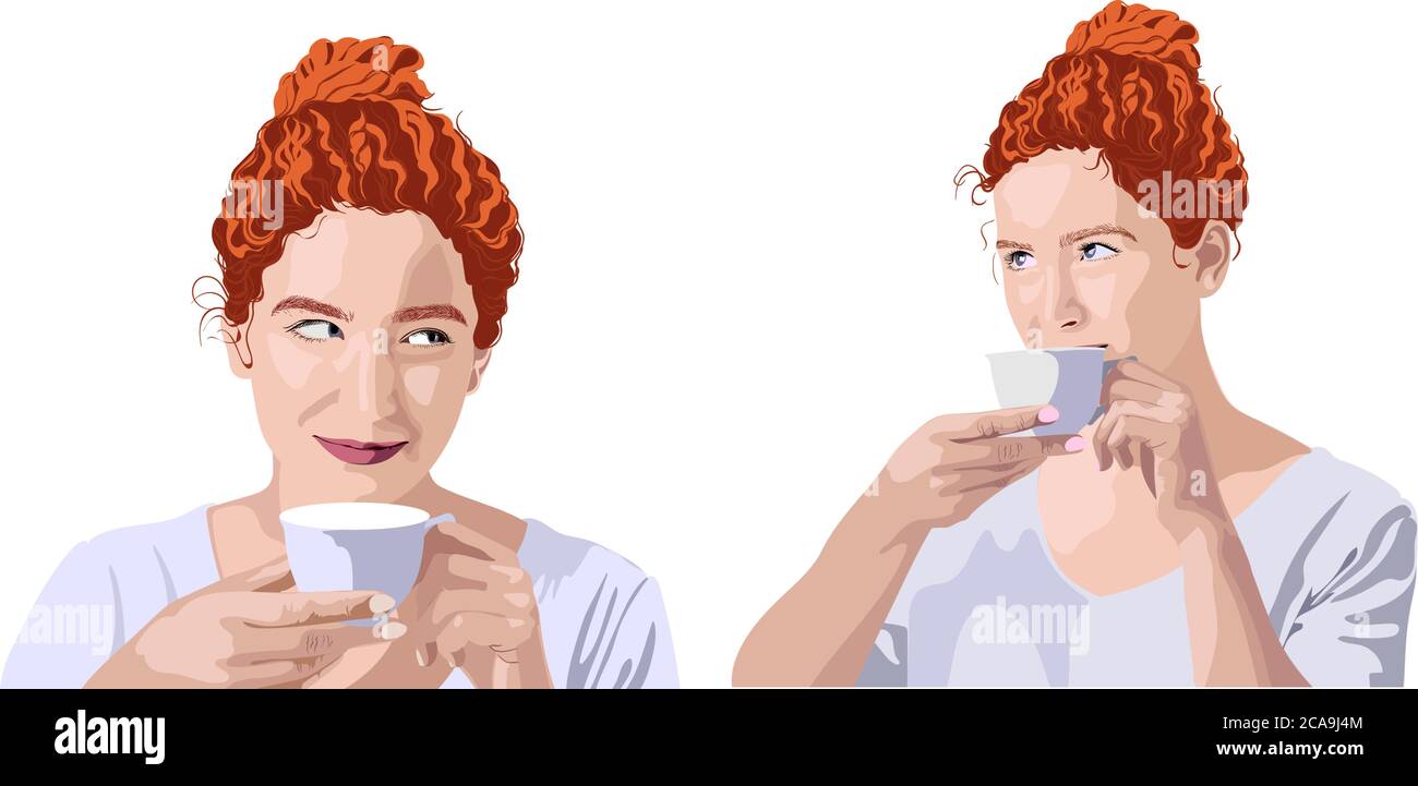 Set di zenzero riccia donna in t-shirt bianca che beve da una tazza e sorridente. Panino per capelli. Vettore Illustrazione Vettoriale