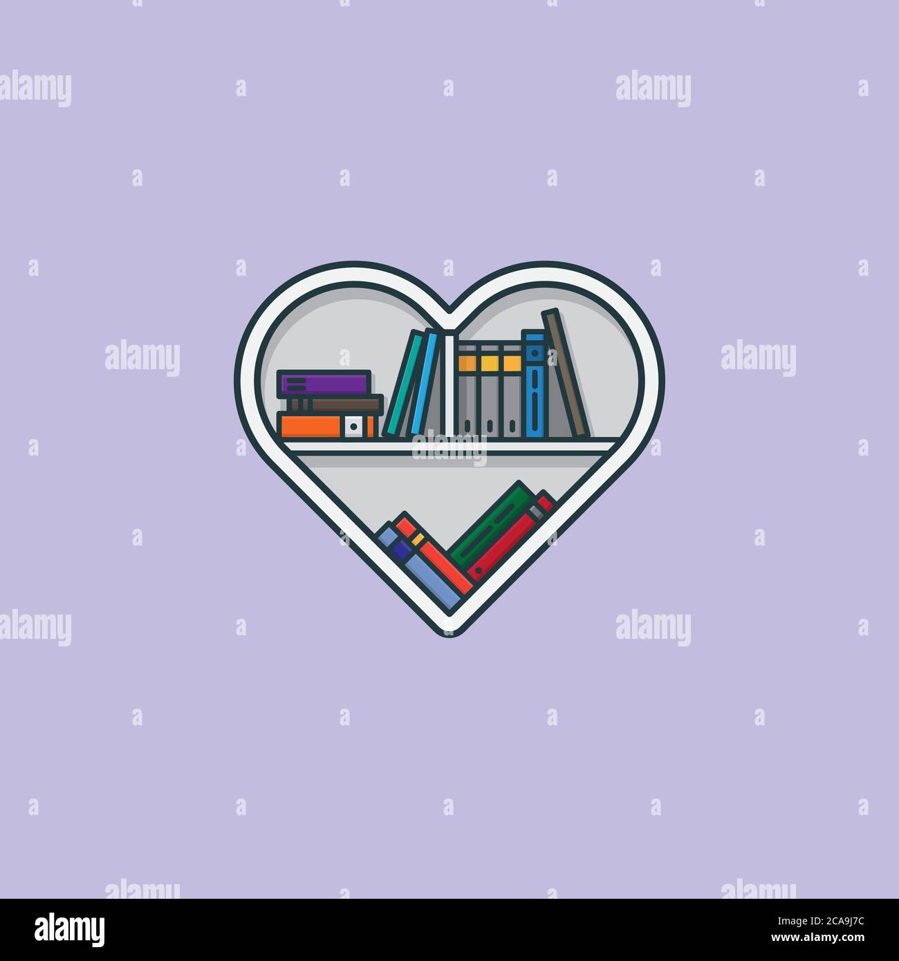 Libreria a forma di cuore con vari libri illustrazione vettoriale per il Book Lovers Day il 9 agosto. Simbolo di apprezzamento della letteratura. Illustrazione Vettoriale