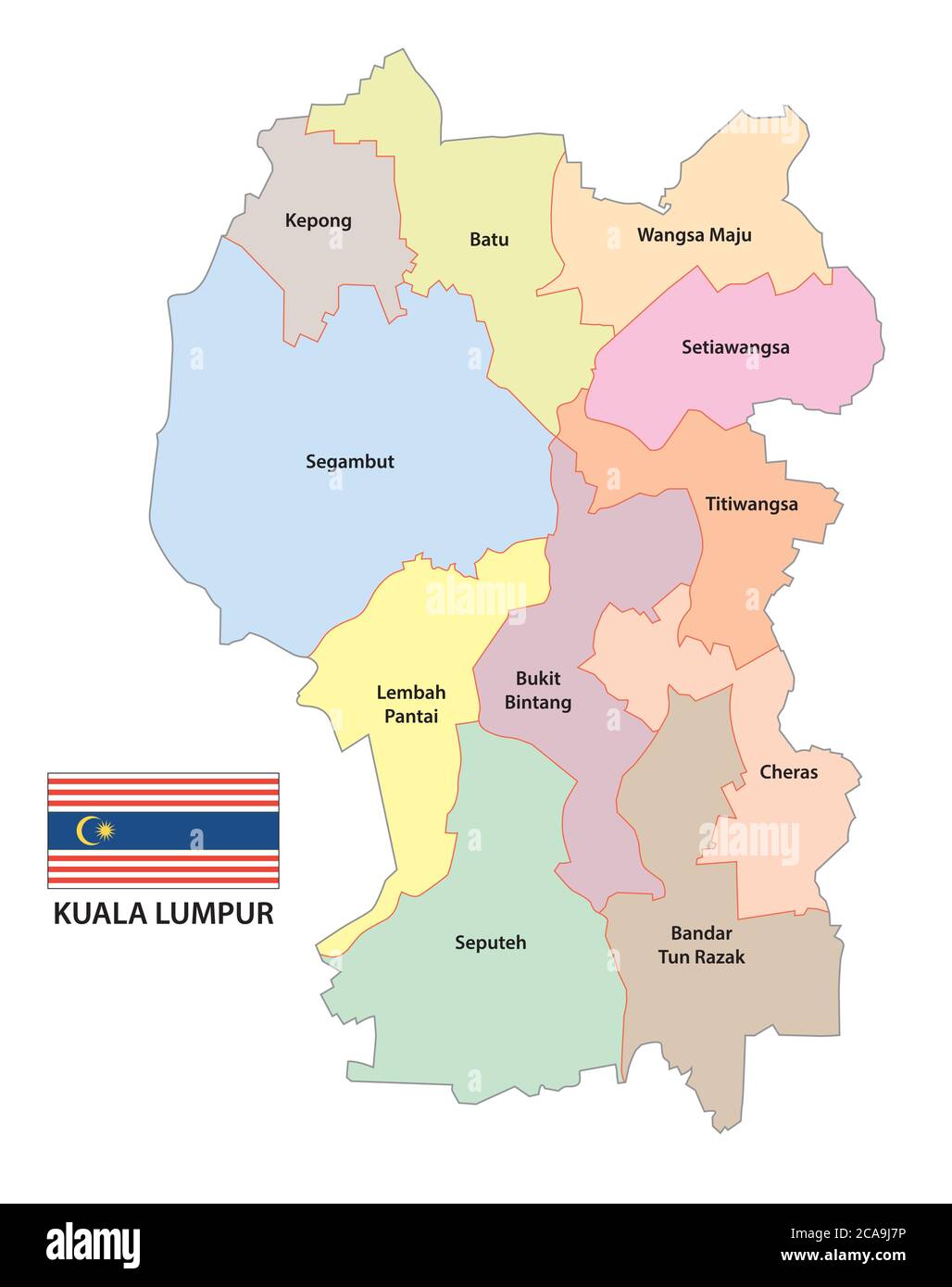 Mappa amministrativa vettoriale della capitale malese Kuala Lumpur con bandiera Illustrazione Vettoriale