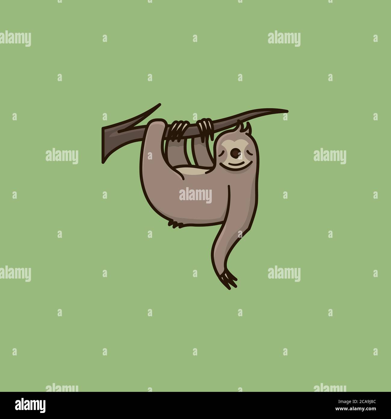 Sloth appeso da albero ramo vettore illustrazione per Lazy Day il 10 agosto. Simbolo di rilassamento e lentezza. Illustrazione Vettoriale
