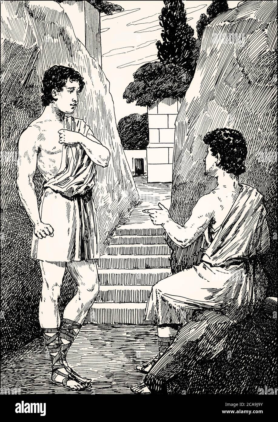 Orestes con Pylades, oracolo di Apollo, scena da Iphigenia a Tauris, Johann Wolfgang von Goethe Foto Stock