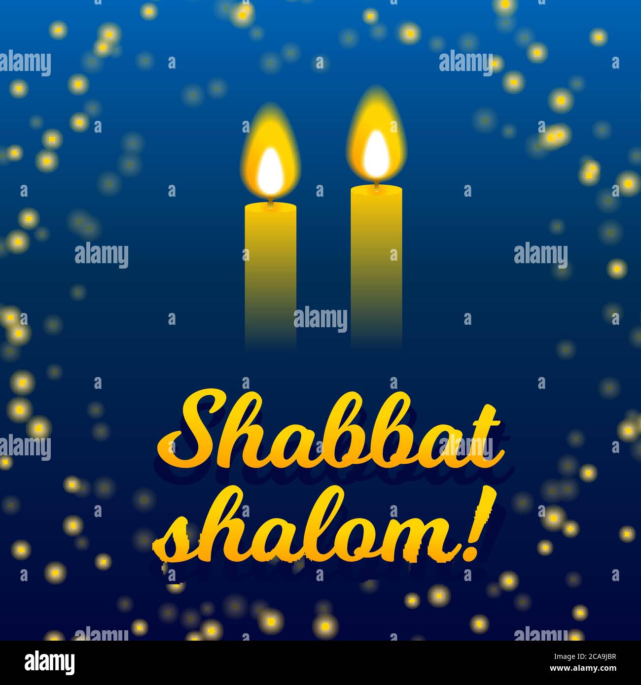 Scritta Shabbat shalom, biglietto d'auguri, illustrazione vettoriale. Due candele di shabbat brucianti e bokeh stellato notte cielo sfondo. Religioso ebraico Sabb Illustrazione Vettoriale