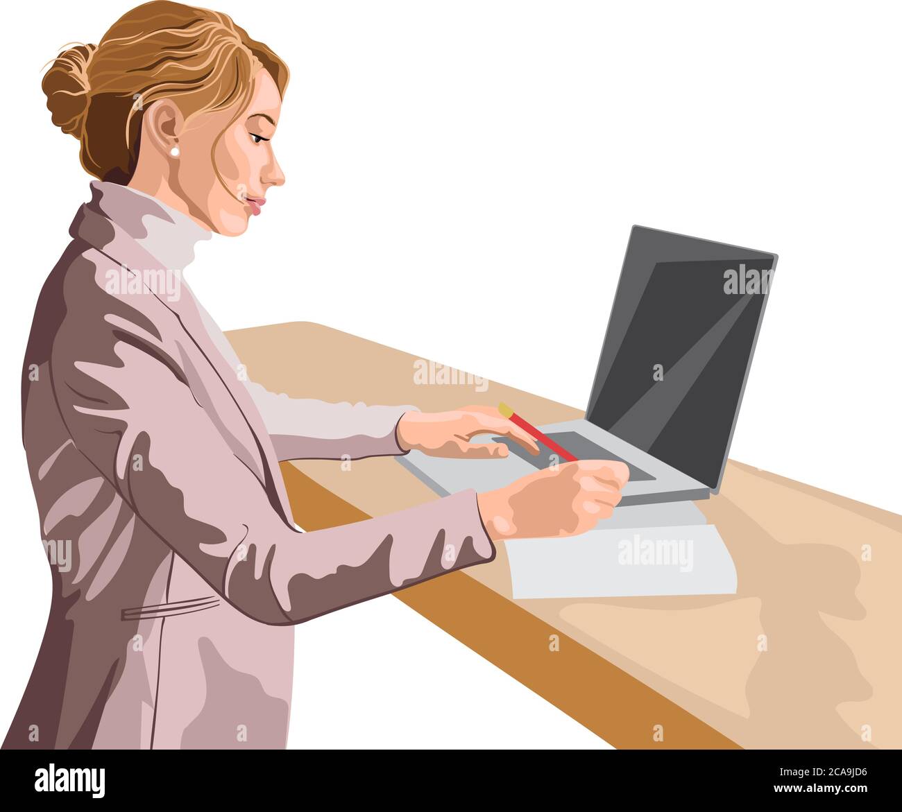 Donna bionda vestita con giacca rosa e maglione che lavora sul suo laptop mentre si è in piedi. Vettore Illustrazione Vettoriale