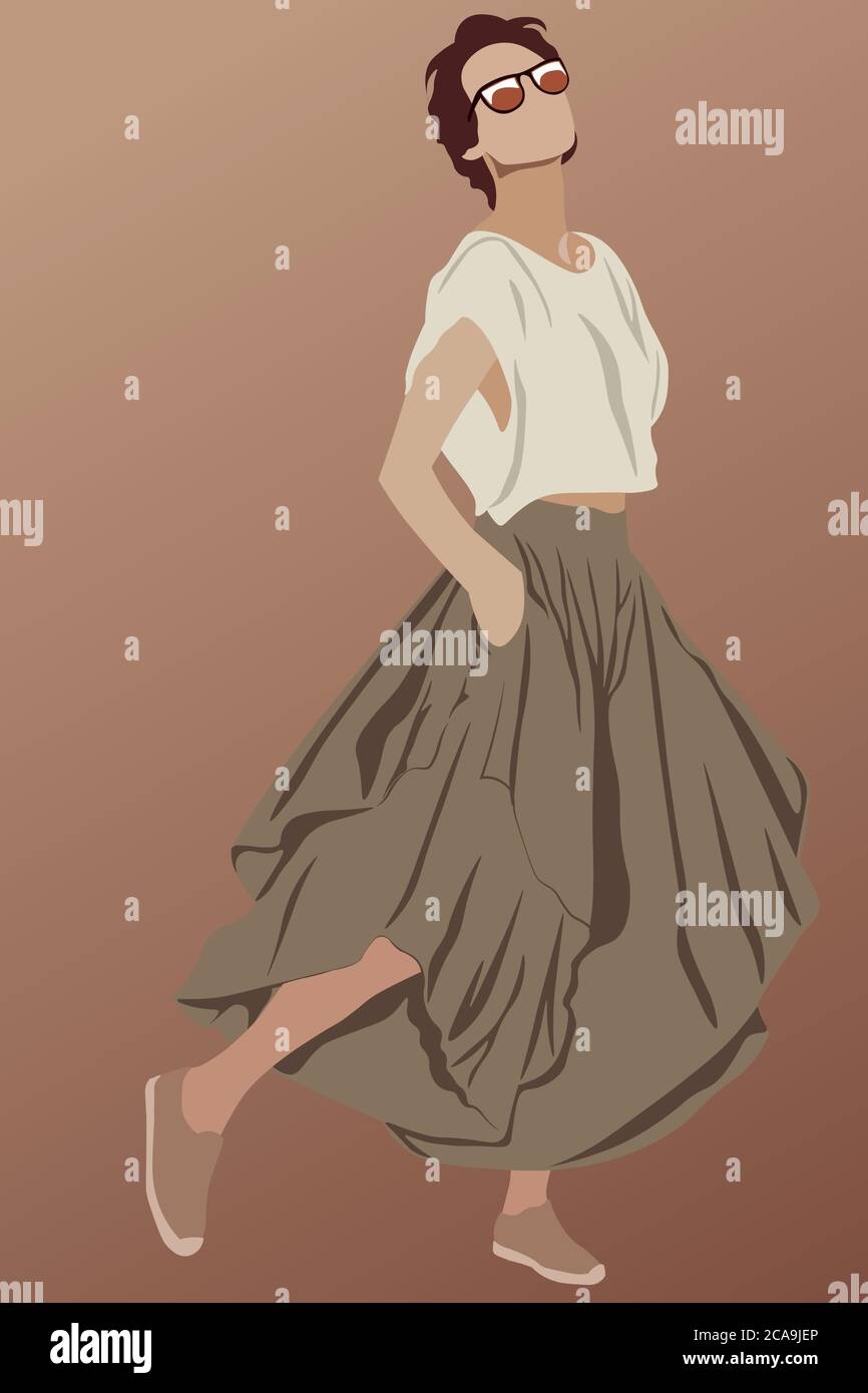 Bruna glamour con capelli corti e gonna lunga marrone, scarpe, occhiali da sole e t-shirt bianca. Mostrare il suo stile. Vettore Illustrazione Vettoriale