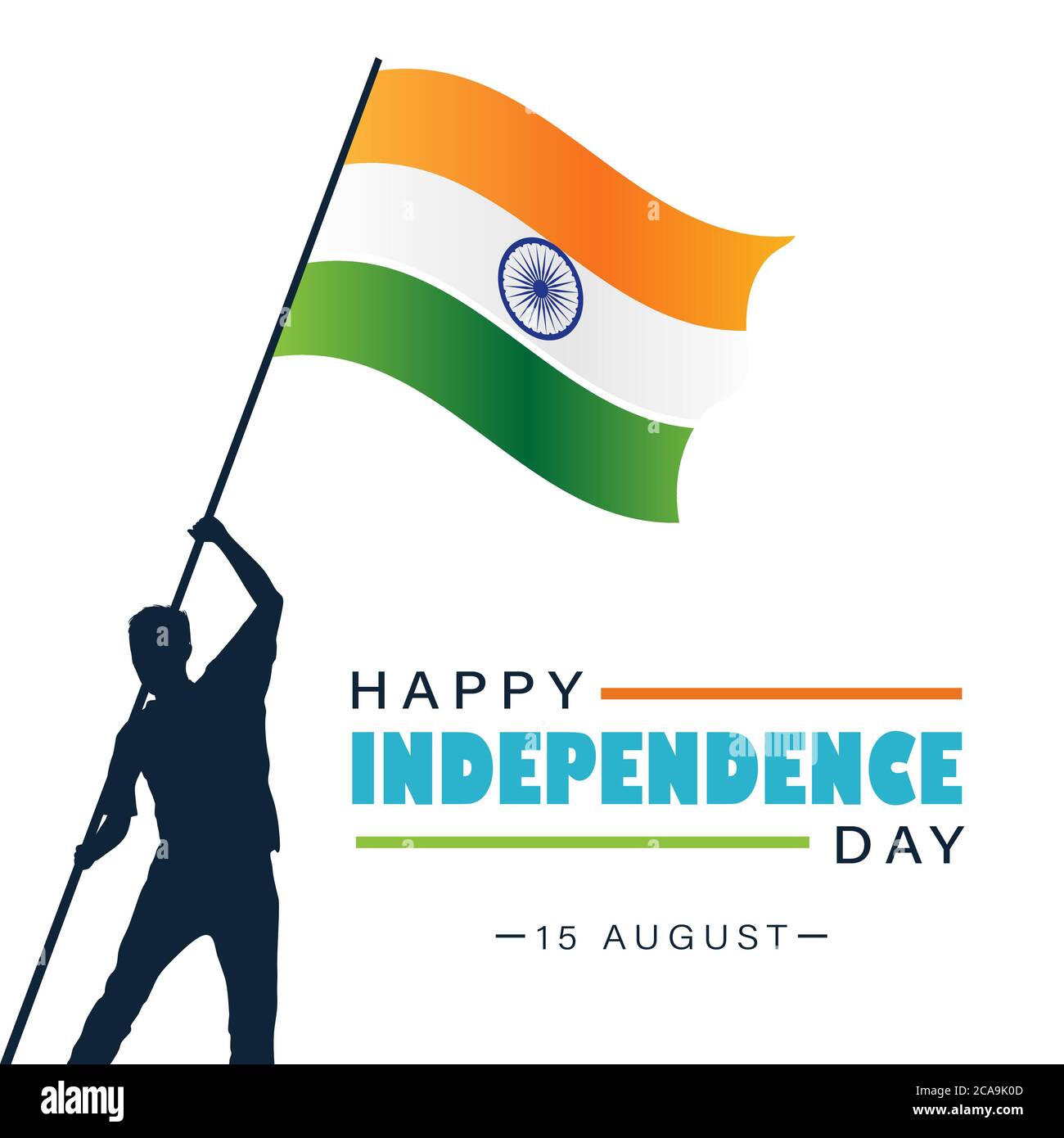 Happy Independence Day India, 15 agosto, uomo che issano bandiera indiana poster di saluto per il web, vettore di illustrazione Illustrazione Vettoriale