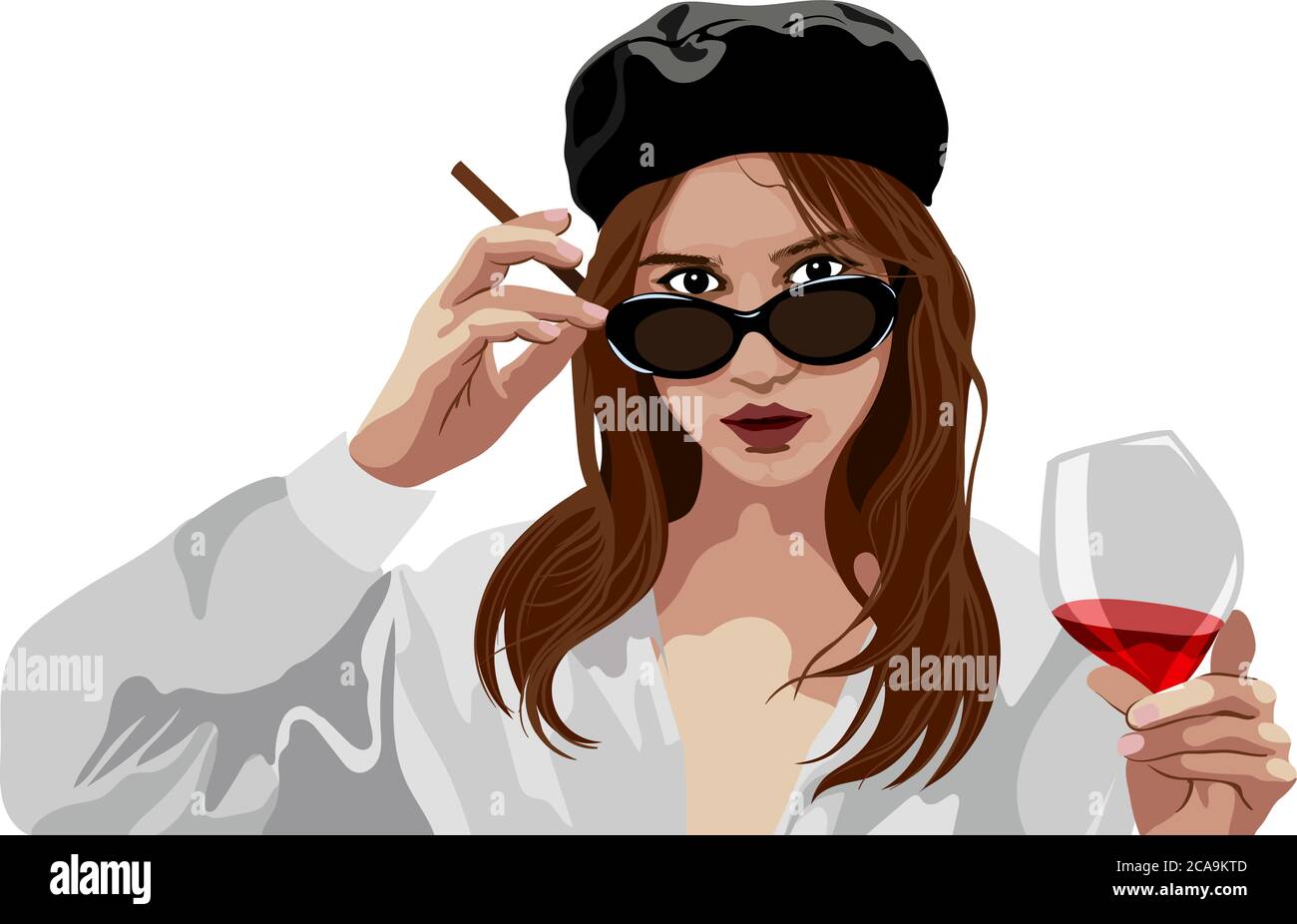 Elegante giovane ragazza con berretto e bicchieri che tengono un bicchiere di vino e sigaretta. Aspetto misterioso. Vettore Illustrazione Vettoriale