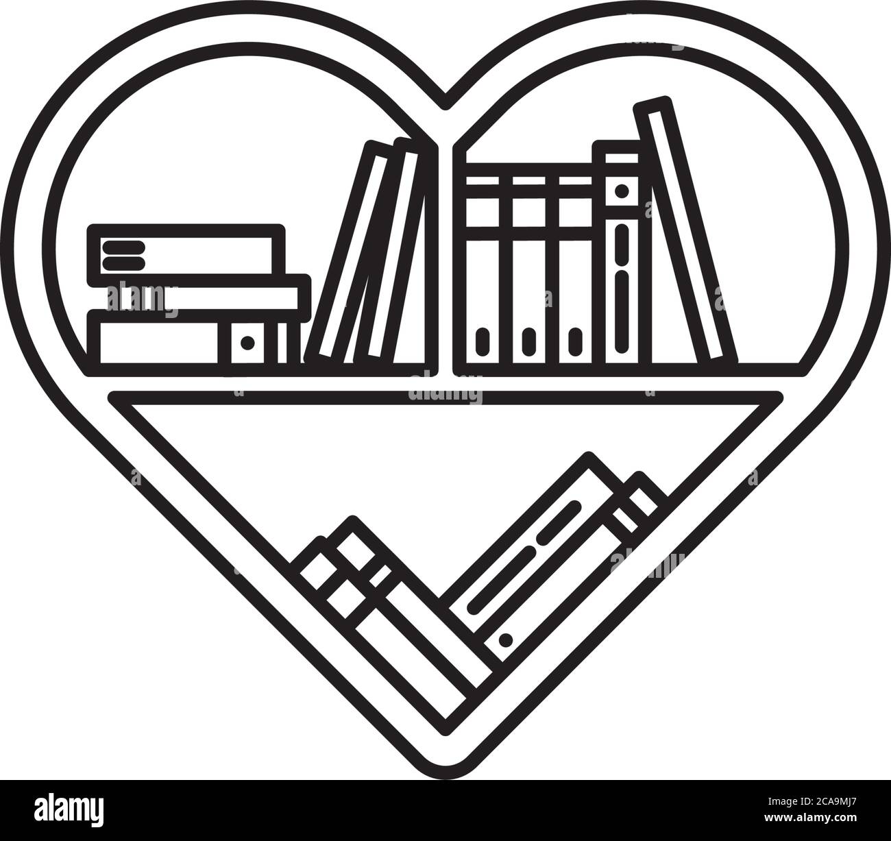 Scaffale a forma di cuore con varie icone di linea vettoriale libri. Simbolo del profilo di apprezzamento della letteratura. Illustrazione Vettoriale