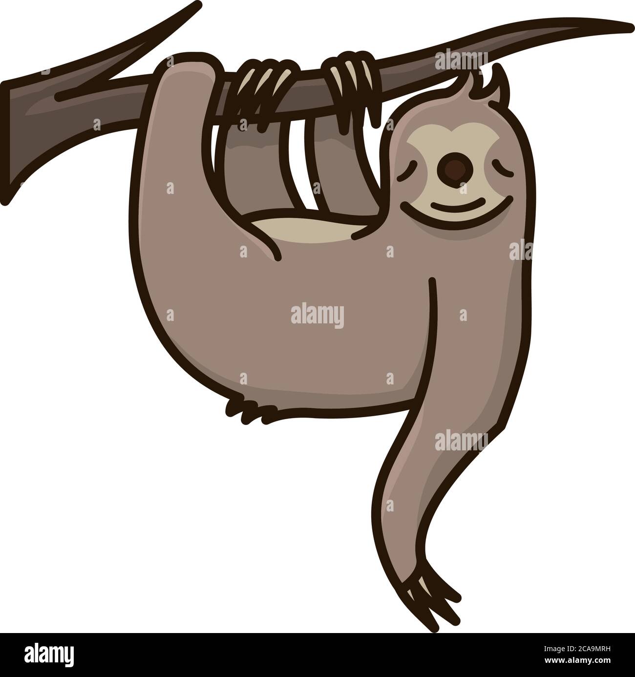 Sloth appeso da ramo albero isolato vettore illustrazione per Lazy Day il 10 agosto. Simbolo di rilassamento e lentezza. Simbolo di rilassamento. Illustrazione Vettoriale