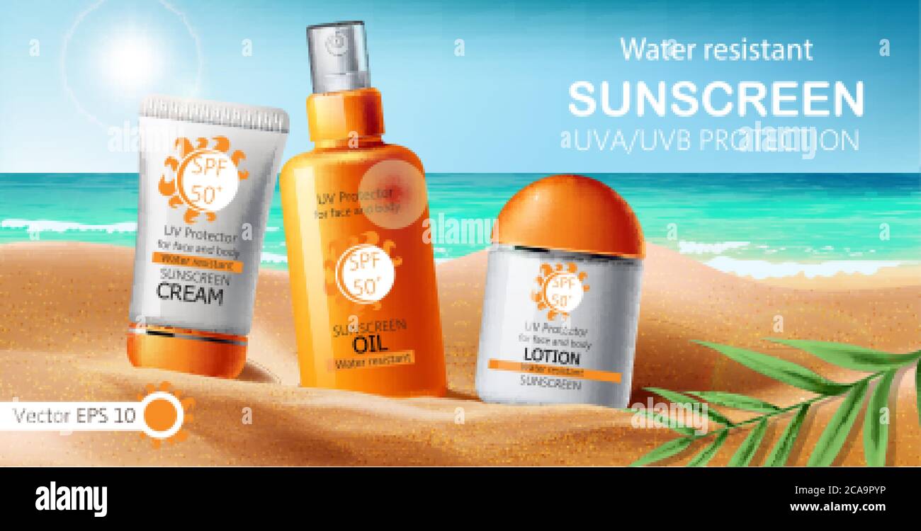 Set di crema solare, lozione e olio. Protezione UVA UVB. Resistente all'acqua. Realistico. Riva del mare e foglie sfondo. Vettore Illustrazione Vettoriale