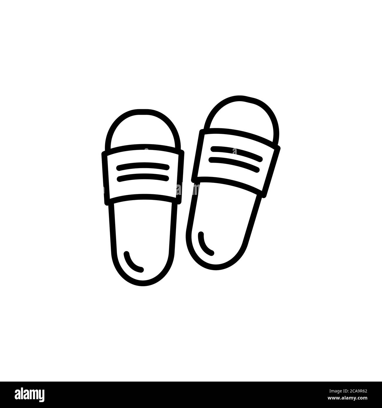 Icona vettore lineare Slipper. Flip flop linea sottile segno. Sneakers da spiaggia simbolo profilo. scarpe da casa semplice logo nero su bianco. Sandali icona di viaggio. B Illustrazione Vettoriale