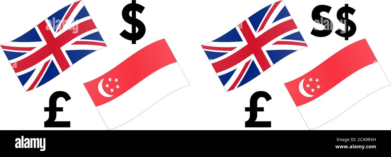 Illustrazione vettoriale della coppia di valute forex GBPSGD. Bandiera britannica e singaporiana, con simbolo di sterlina e dollaro. Illustrazione Vettoriale