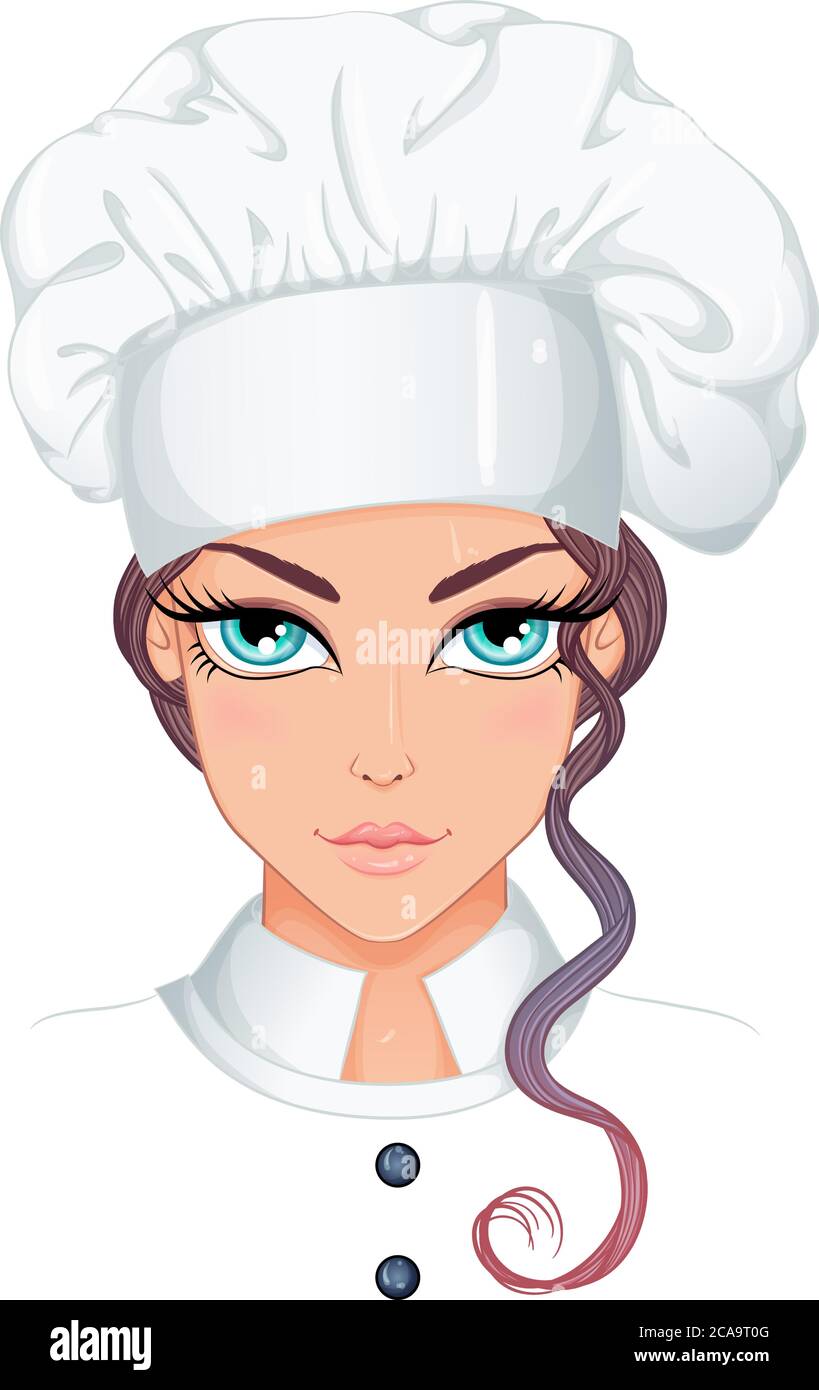 Professione. Ritratto di una giovane bella donna chef in cappello chef. Illustrazione vettoriale isolata su sfondo bianco. Illustrazione Vettoriale