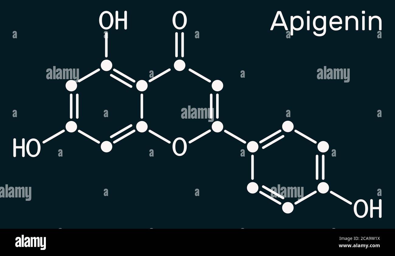 Apigenina, C15H10O5, flavone, molecola di aglicone. È flavonoide di origine vegetale, presenta attività antiproliferativa, antinfiammatoria, antimetastatica Foto Stock