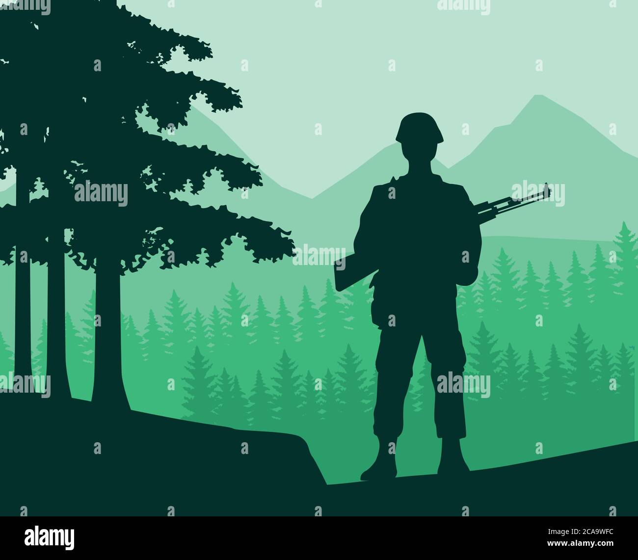soldato con la silhouette del fucile nella giungla disegno vettoriale illustrazione Illustrazione Vettoriale