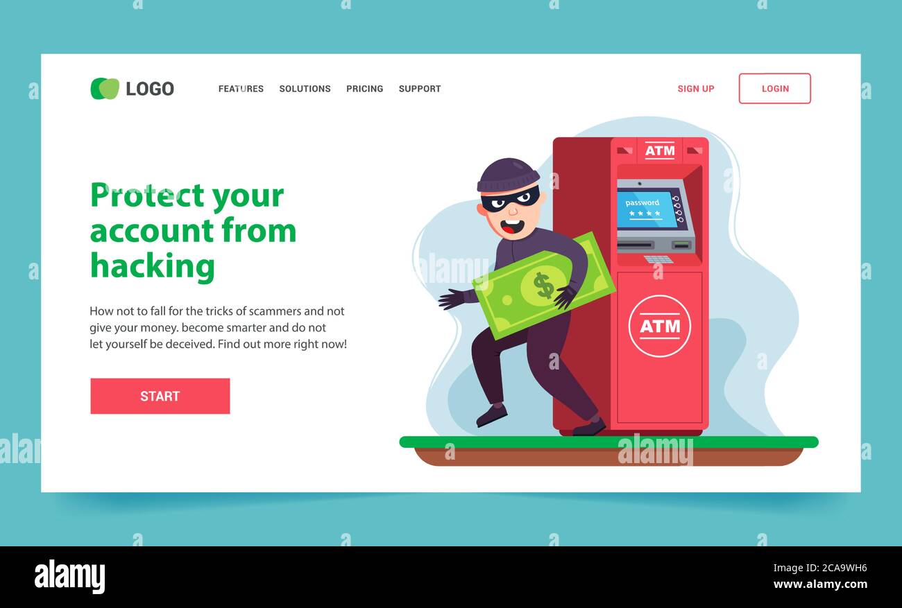 Atterraggio furto di denaro da un ATM. Criminale con una fattura. Immagine di atterraggio vettoriale piatta. Illustrazione Vettoriale
