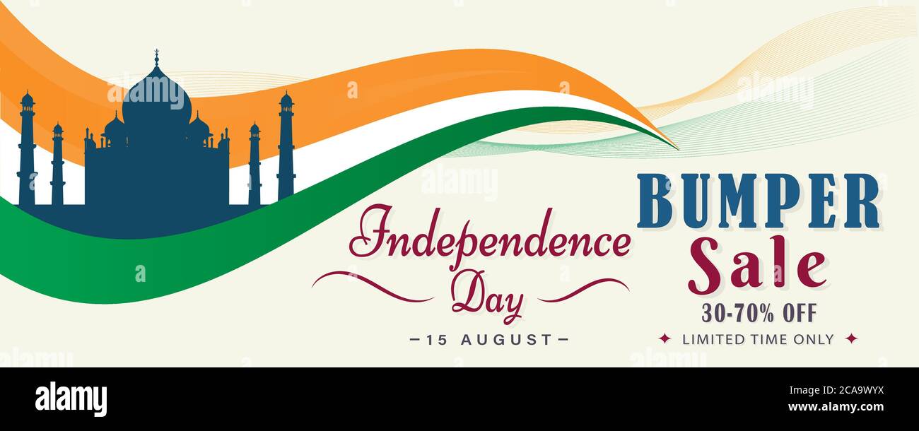 Independence Day India vendita paraurti dal 30 al 70% di sconto, 15 agosto, banner per la promozione, vettore illustrazione Illustrazione Vettoriale