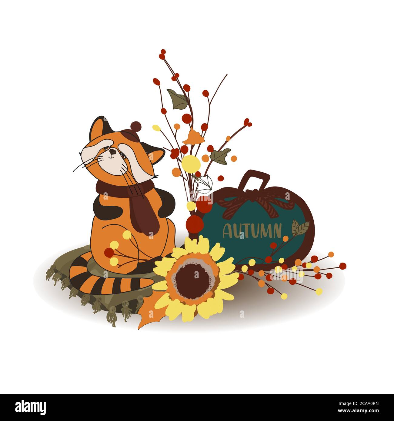 Composizione autunnale. Decorazioni autunnali. Carino panda rosso. Zucca. Vendemmia. Giorno del ringraziamento. Immagine isolata su sfondo bianco Illustrazione Vettoriale