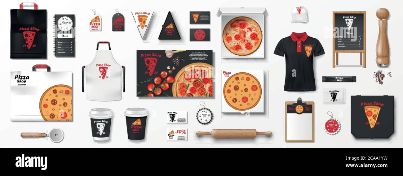 Mockup per pizzeria, caffè o ristorante. Set di branding realistico di scatola per pizza, volantino, uniforme, menu, confezione di cartone. Elementi di mockup pizza per Illustrazione Vettoriale