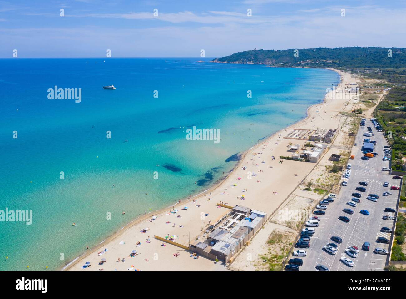Reparto Var, Ramatuelle - Saint Tropez, veduta aerea della spiaggia di Pampelonne, la famosa spiaggia situata sulla Costa Azzurra Foto Stock