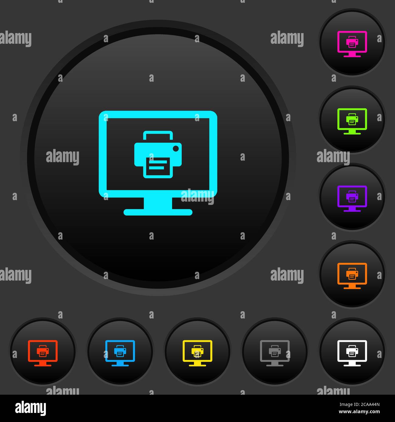 Pulsanti di colore scuro dello schermo di stampa con icone di colore vivido su sfondo grigio scuro Illustrazione Vettoriale