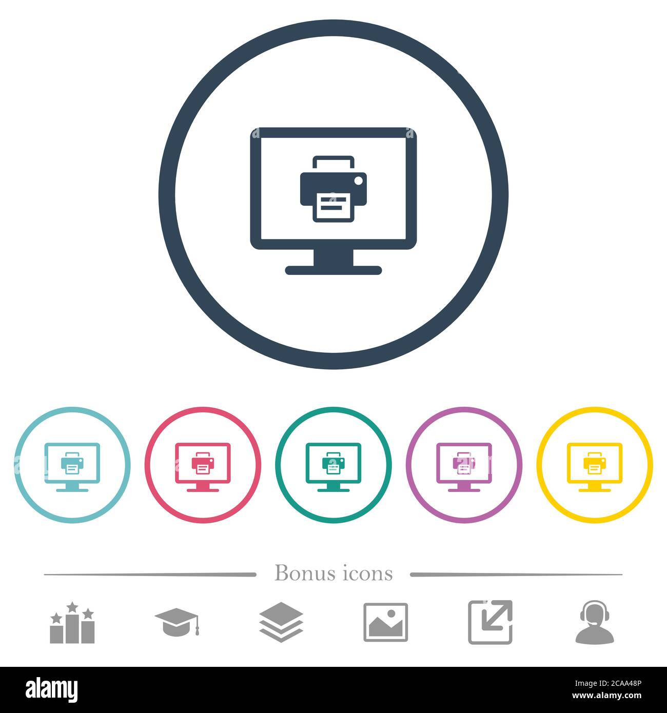 Stampare le icone a colori piatte dello schermo con contorni arrotondati. 6 icone bonus incluse. Illustrazione Vettoriale