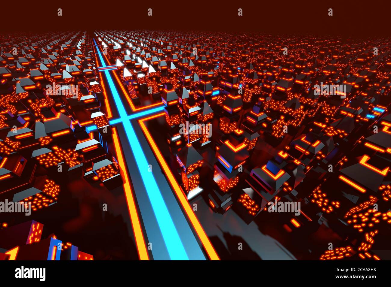 Illustrazione in 3D di una città di giochi per computer classica nello stile degli anni '80. Foto Stock