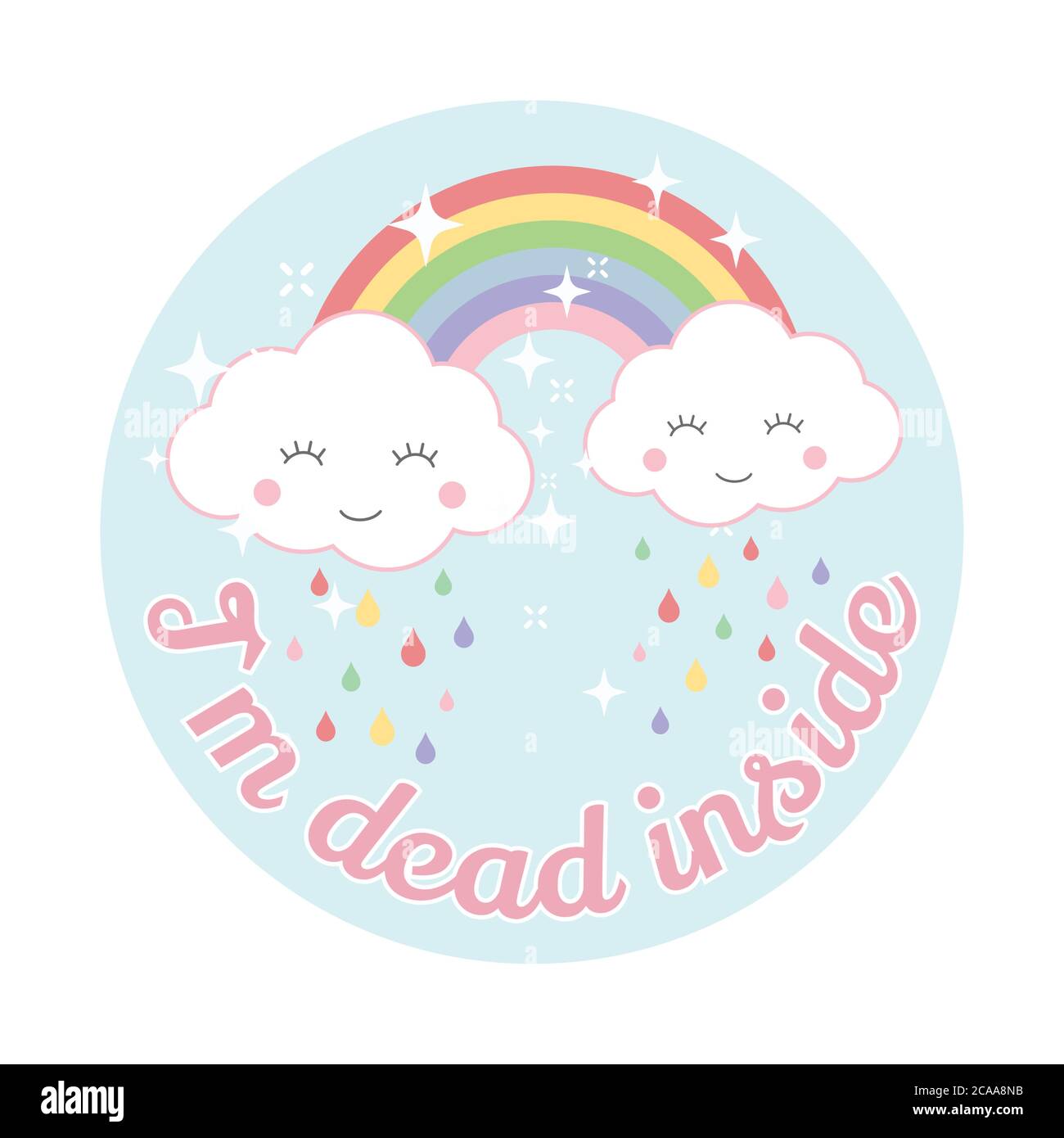 Disegno vettoriale carino nuvola e arcobaleno. Cartone animato, stile kawaii, nuvola e arcobaleno, colorato modello t-shirt con i`m dead Inside slogan. Illustrazione Vettoriale